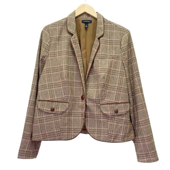 Lands End Glen Plaid Single Button Blazer Tan & Brown Leather Buttons Size 16 - Picture 7 of 15